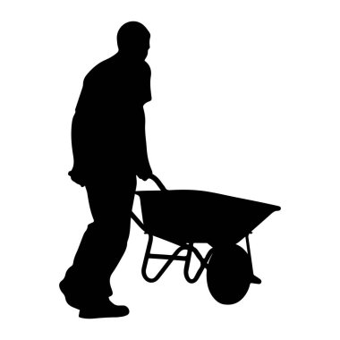 El arabası iten bir kişinin siyah silueti beyaz bir arka plana karşı tasvir edilir. Şekil yandan gösteriliyor, bir eli el arabası sapında, diğer kolu bükük. El arabasının büyük bir havzası ve günahı olan iki bacağı var.