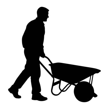 El arabası iten bir adamın siyah silueti beyaz bir arka plana karşı tasvir edilir. Profilde öne doğru yürüyor ve el arabasının saplarını kavrıyor. El arabasının kendisi de siluette, leğeni, çerçevesi, bir