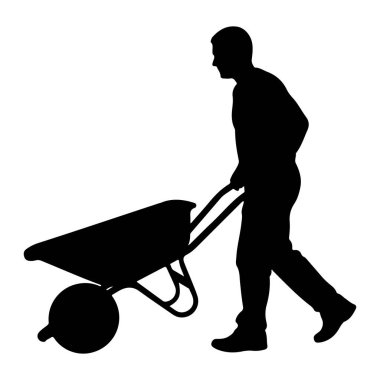 Yandan el arabası iten siyah bir adam silueti tasvir edilir. Profilde, vücudu yürürken öne doğru dönük bir şekilde gösteriliyor. El arabasının önünde tek bir tekerleği ve arkasında da iki tutacağı var.