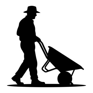 Şapka takan ve el arabası süren bir adamın siyah silueti. Adam profilden resmedilmiş, soldan sağa doğru yürüyor, bir bacağı öne ve diğeri arkaya doğru. El arabası öne doğru eğilmiş, bu da taşımada kullanıldığını gösteriyor. 