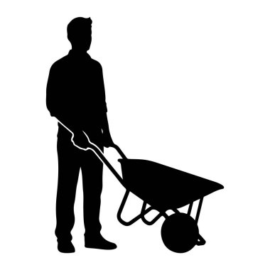 Bir adamın siyah silueti çerçevenin sol tarafında duruyor, sağa bakıyor. O yakalı bir gömlek ve pantolon giyiyor. Elleri önünde duran ve hafifçe öne doğru eğilen bir el arabasının sapında. El arabası. 