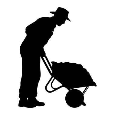 Şapkalı ve tulumlu bir adamın siyah silueti içi toprak dolu bir el arabasını iterken resmedilir. Adam eğilmiş, el arabasının kulplarını tutuyor. Resim beyaz bir arkaplanda izole edilmiştir.