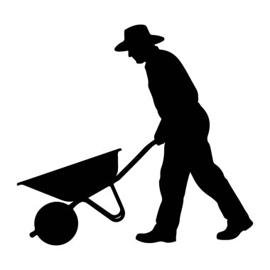 Şapka ve iş kıyafetleri giyen bir adamın siyah silueti el arabası itiyor. Profilde tasvir edilen adamın bedeni el arabasının saplarını tutarken öne doğru eğiliyor. El arabasının önünde tek bir tekerlek ve iki bacağı var.