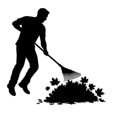 Bir adamın siyah silueti sonbahar yapraklarını tırmıklarken resmedilir. Günlük giysiler giyiyor ve yaprak yığınının üzerine yerleştirilmiş tırmık başlığıyla aktif olarak bu işle meşgul. Birkaç yaprak ana yığının etrafına saçılmış..