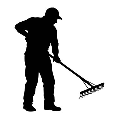 Siyah bir siluet, beyaz arka planda şapka ve günlük kıyafetler giyen bir adam tasvir edilir. Elleriyle bir tırmık tutuyor ve tırmıkla uğraşıyormuş gibi görünüyor. Duruşu, bir eli tırmığın üzerinde, aktif olarak çalıştığını gösteriyor.