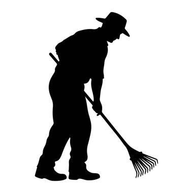 Şapka ve iş kıyafetleri giyen bir adamın siyah silueti profil ile tasvir edilir, eğilir ve yerde bir şey toplamak için tırmık kullanır. Tırmığın uzun bir sapı ve geniş yelpaze şeklinde birden fazla diş teli var. Bu figür izole edilmiş.