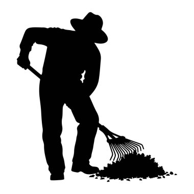 Şapka ve iş kıyafetleri giyen birinin siyah silueti bir yığın yaprağı tırmıklıyor. Kişi elinde uzun saplı bir tırmık tutuyor ve aktif olarak enkaz topluyor. Görüntü, beyaz arkaplana karşı basit ve izole bir illüstrasyondur.