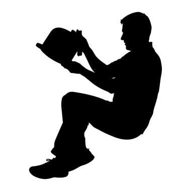 Oturup kitap okuyan bir adamın siyah silueti. O, bir gömlek, pantolon ve ayakkabı dahil günlük giysiler giyiyor. Resim beyaz bir arkaplanda izole edilmiştir.