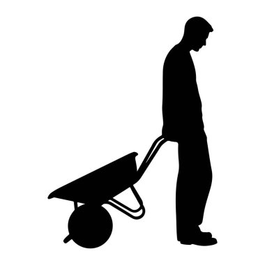 Yandan el arabası iten siyah bir adam silueti tasvir edilir. Adam pantolonu ve ayakkabıları var, başı eğik. El arabasının önünde tek bir tekerleği var ve arkasında da adamın tuttuğu iki tutacağı. İma.