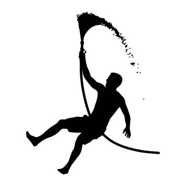 Havanın ortasında, elinde suyun dinamik bir kavisle fışkırdığı bir hortum tutan bir adamın siyah silueti. Adam hareket ediyor gibi görünüyor, bacakları açılmış ve spreyi yönetirken vücudu bükülmüş. Arkaplan düz beyaz.