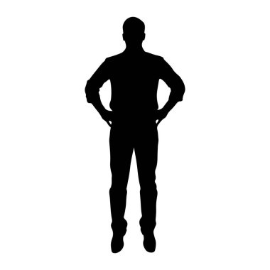 Siyah silueti olan bir adam elleri kalçasında öne bakıyor. O, kolları kıvrılmış ve uzun pantolonu olan yakalı bir gömlek giyiyor. Arka plan bembeyaz..