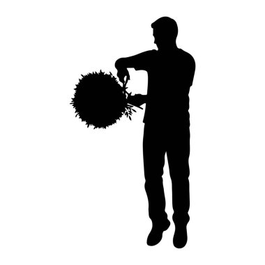 Siyah bir siluet beyaz bir arka planda duruyor, elinde budama makası, ve yuvarlak, yapraklı bir çalıyı buduyor. Bitkiyi şekillendirmeye odaklanmış..
