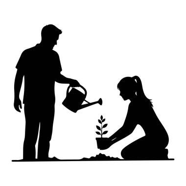 Siyah bir siluet, elinde bir sulama kabı tutan ve küçük bir bitkinin üzerine su döken bir adamı tasvir ediyor. Bir kadın saksısını tutarak bitkinin yanında diz çöker. Sahne, zemini temsil eden siyah bir çizgiyle, düz beyaz bir arkaplan üzerine kurulmuştur..