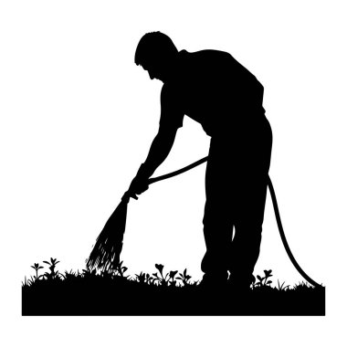 Yandan siyah bir siluet gösteriliyor, bir parça çimeni ve küçük bitkileri sulamak için hortumla eğiliyor. Su hortumun hortumundan yere doğru püskürtülür. Siluet beyaz arkaplana karşı..