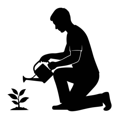 Yerde diz çökmüş, elinde bir su bidonu tutan ve topraktan birkaç yaprağın çıktığı küçük yeşil bir bitkinin üzerine su döken bir adamın siyah silüeti. Arkaplan düz beyaz.