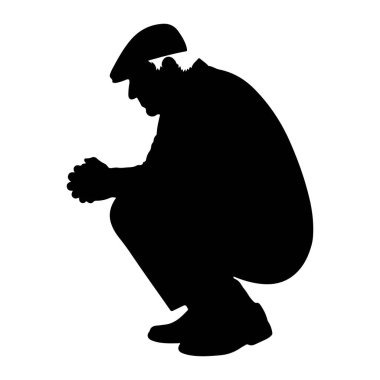 Şapka takan bir adamın siyah silueti elleri birbirine yapışmış bir şekilde çömelmiş şekilde tasvir edilir. Şekil, sade beyaz bir arkaplan üzerinde izole edilmiş, basit, grafik bir gösterim sergiliyor.