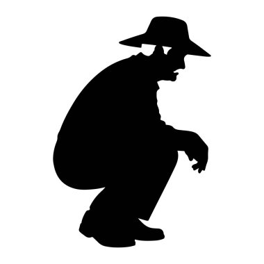 Geniş kenarlı şapka takan bir adamın siyah silueti çömelmiş olarak tasvir edilir. Şekil beyaz bir arkaplanda izole edilmiş. Adamın bedeni öne bakıyor, dizleri bükük ve elleri yere yakın dinleniyor..