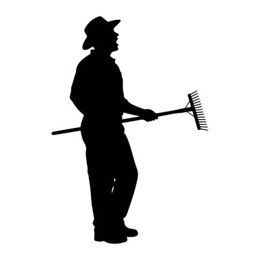 Şapka takan ve tırmık tutan siyah bir siluet. Kişiye yandan bakılır, ağzı açık bir şekilde sanki konuşur ya da bağırır gibi. Yakalı bir gömlek, pantolon ve bot giyiyorlar. Tırmığın uzun bir sapı ve metal dişleri var. Şey...