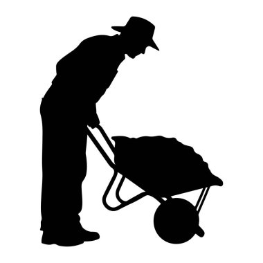 Şapka takan bir adamın siyah silueti yandan eğilip içi toprak ya da toprak dolu bir el arabasını iterken görülüyor. El arabasının iki kolu ve tek tekerleği var. Arkaplan beyaz.