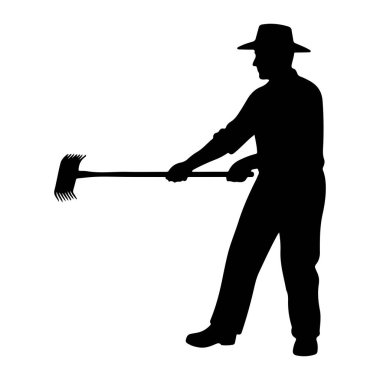 Yandan geniş kenarlı şapka ve yakalı gömlek giyen bir adamın siyah silueti gösteriliyor. Elinde tırmık ya da sürtünme gibi görünen birden fazla dişli, uzun saplı bir bahçe aleti var. Şekil beyaz bir arkaplanda izole edilmiştir..