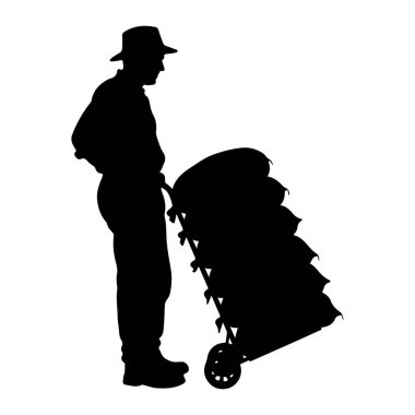 Şapka takan bir adamın siyah silueti birkaç büyük çuvalla dolu bir arabanın yanında duruyor. Adamın eli kalçasının üzerinde duruyor, ve çuvallara bakıyor gibi görünüyor. Arabanın iki tekerleği ve sapı var. Görüntü bir beyaza karşı bir siluet.