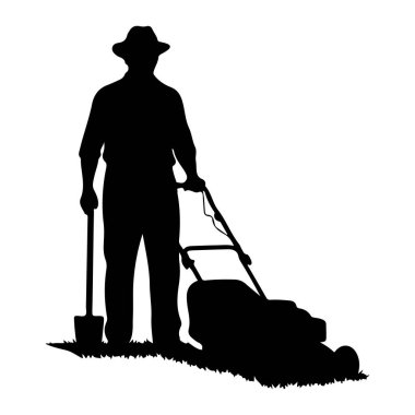 Siyah bir siluet şapkalı bir adam çimlerin üzerinde duruyor. O, sağ eliyle bir çim biçme makinesini itiyor ve sol eliyle bir kürek tutuyor. Çim biçme makinesinin sapı ve gövdesi var. Küreğin bir bıçağı ve sapı var. Çimenler J ile tasvir edilir.