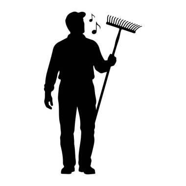 Şapka takan ve iş kıyafetleri giyen bir adamın siyah silueti tırmık tutuyor. Ağzından süzülen müzik notaları şarkı söylediğini gösteriyor. Resim beyaz bir arkaplanda izole edilmiştir.