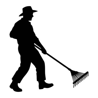 Şapka ve bot giyen bir adamın siyah silueti yandan tırmık tutarken tasvir ediliyor. Önündeki aletle tırmıklama sürecinde gibi görünüyor. Şekil beyaz bir arkaplanda izole edilmiştir..