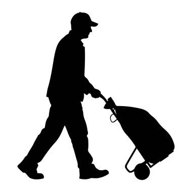 Şapka, gömlek ve pantolon giyen bir adamın siyah silueti, üzerinde büyük bir çanta olan tekerlekli bir arabayı çekerken yürüyor. Arabanın iki tekerleği ve sapı var. Arkaplan beyaz.