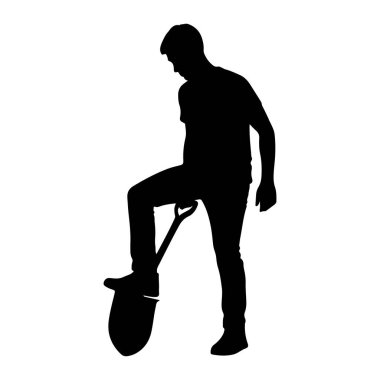Elinde kürekle duran siyah bir adam silueti. Sol ayağı kürek bıçağının üzerinde ve sağ bacağı bükülmüş. Kürek aşağıya doğru çevrilmiş. Kazmak üzere olduğunu ya da kazmayı yeni bitirdiğini gösteriyor. Adam gündelik giysiler giyiyor