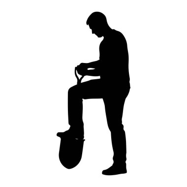 Siyah bir adam silueti sol ayağı küreğin üzerinde duruyor. Aşağı bakıyor ve iki eliyle kürek sapını tutuyor. Arkaplan beyaz.