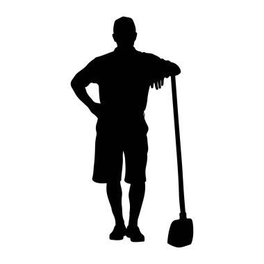 Siyah bir adam silueti bir eli kalçasında diğeri de küreğin üzerinde duruyor. O yakalı bir gömlek ve şort giyiyor. Küreğin geniş bir bıçağı ve uzun bir sapı var. Resim beyaz bir arkaplanda izole edilmiştir.