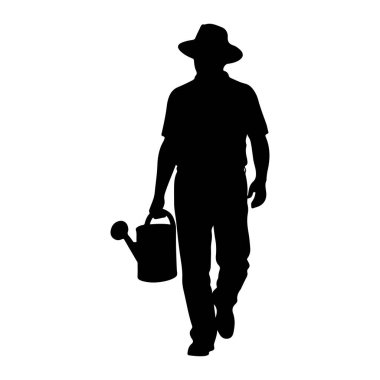Şapka takan ve elinde su kovası tutan bir adamın siyah silueti soldan sağa doğru beyaz bir zemine doğru yürüyor. Adam tepeden tırnağa tasvir ediliyor, sol kolu su kabının sapını tutuyor. Sulama kabının bir ağzı var ve...