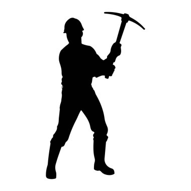 Sert bir şapka ve bot giyen, elinde balta tutan siyah bir siluet, kazma ya da çarpma eylemi olduğunu gösteriyor. Şekil beyaz bir arkaplanda izole edilmiştir..