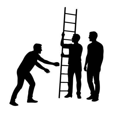 Beyaz arka planda üç siyah erkek silueti tasvir ediliyor. Soldaki adam kolları açık bir şekilde öne doğru eğiliyor, ortaya doğru uzanıyor. Ortada, başka bir adam uzun ve dar bir merdivene tutunuyor.