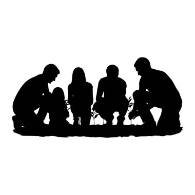 Siyah bir siluet, yetişkinler ve çocuklar da dahil olmak üzere bir grup insanın yere çömelmiş küçük fidanlar dikmesini tasvir ediyor. Rakamlar, bitkilerle ilgilenecek şekilde sıraya dizildi. Sahne düz beyaz bir arkaplan üzerine kuruludur.,