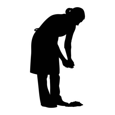 Önlük takan birinin siyah silueti eğilir ve elinde küçük bir nesne tutar. Şekil beyaz bir arkaplanda izole edilmiştir. Poz, bir eylem ya da görevin gerçekleştirildiğini gösteriyor.