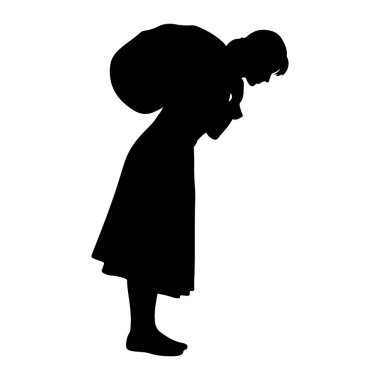 Sırtında büyük, ağır bir nesne taşıyan siyah bir siluet. Şeklin başı eğilmiş ve gövdesi yükün ağırlığı altında kıvrılmış. Siluet beyaz bir arkaplanda izole edilmiş, formu ve aktiyi vurguluyor.