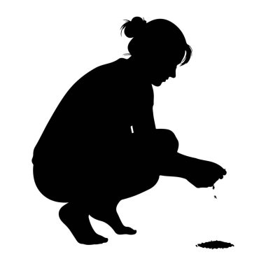 Siyah bir insan silueti yere çömelmiş, dikkatle yerdeki küçük bir nesneye bakıyor. Kişinin saçı topuz şeklinde çekilir. Nesne organik ve dokulu görünüyor. Arkaplan düz beyaz.