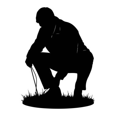 Siyah bir insan silueti bir çimen parçasına çömelmiş olarak tasvir edilir. Şekil aşağıya doğru bakıyor, tek eliyle yere doğru uzanan ince bir ip tutuyor. Siluet, düz beyaz bir arkaplan üzerinde durmaktadır. 