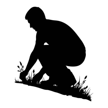 Yere çömelmiş siyah bir insan silueti. Kişi ellerini çimen yapraklarına ve küçük bitkilere uzatıyor. Sahne düz beyaz bir arkaplan üzerinde tasvir edilir, figürün karanlık ana hatlarını vurgulayarak 