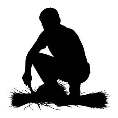 Sağ elinde keskin bir nesne tutan, çömelmiş siyah bir siluet. Kişi, keskin, sivri uçlu bir ot veya bitki parçasının üzerine yerleştirilmiş. Şekil, düz beyaz bir arkaplana karşı tasvir edilir.