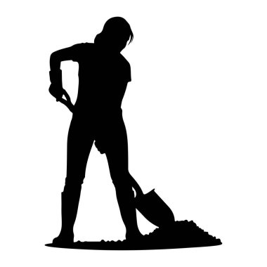 Siyah bir siluet, bir kürekle toprak yığınını kazarken resmediliyor. Kişi bot giyiyor ve amelelik ya da bahçıvanlık yapıyor gibi görünüyor. Görüntü, beyaz arkaplana karşı katıksız siyah beyaz bir illüstrasyondur.