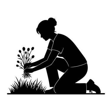 Çimenlerde diz çöküp kır çiçeklerini toplayan siyah bir kadın silueti. Tişört ve pantolon giyiyor. Saçları topuz şeklinde. Görüntü, beyaz bir arkaplanda basit ve temiz bir resimdir..