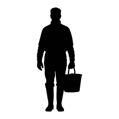 Siyah bir siluet beyaz bir arka plana karşı karşıya duruyor. Açık hava kıyafetleri giyiyor, yüksek yakalı, eldivenli ve botlu. Sağ ellerinde bir kova tutuyorlar..