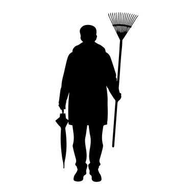 Siyah bir siluet beyaz bir arkaplanda duruyor. Kişi sağ elinde bir tırmık ve sol elinde kapalı bir şemsiye tutuyor. Tırmığın uzun bir sapı ve birden fazla dişli fan şeklinde bir kafası var. Şemsiye tutulur.