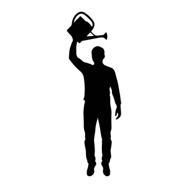 Siyah bir siluet beyaz bir arkaplanda duruyor. Kişi, sağ kolu yukarıda, başının üstünde bir su bidonu tutuyor. Sulama kabı da siluette. Kişi uzun kollu ve pantolonlu..