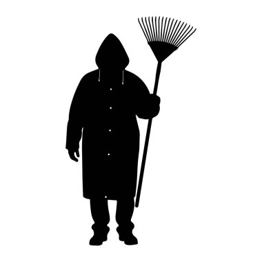 Kapüşonlu ceket giyen birinin siyah silueti beyaz arka plana karşı duruyor. Adamın elinde uzun saplı bir bahçe tırmığı ve sağ elinde yelpaze şeklinde dişler var. Ceketin ön tarafında düğmeler ve başlığını örten bir başlık var..
