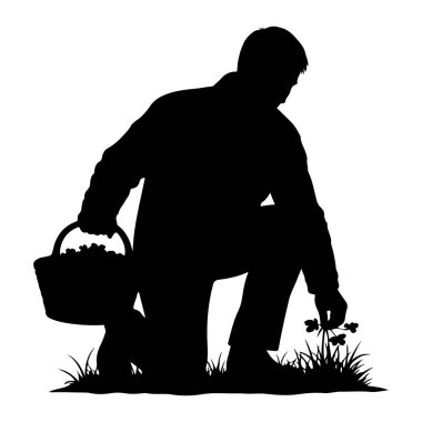 Çimenlerde diz çökmüş, içi eşya dolu bir sepet tutan siyah bir siluet. Kişi, küçük bitkileri toplamak için elini uzatıyor. Sahne beyaz bir arkaplan üzerine kuruludur..