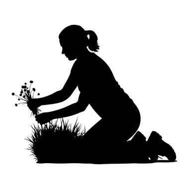 Çimenlerde diz çökmüş, elleri küçük bir demet çiçek koparmak için uzanan siyah bir siluet. Kişinin saçı at kuyruğu şeklinde bağlanmış. Resim beyaz bir arkaplanda izole edilmiştir.